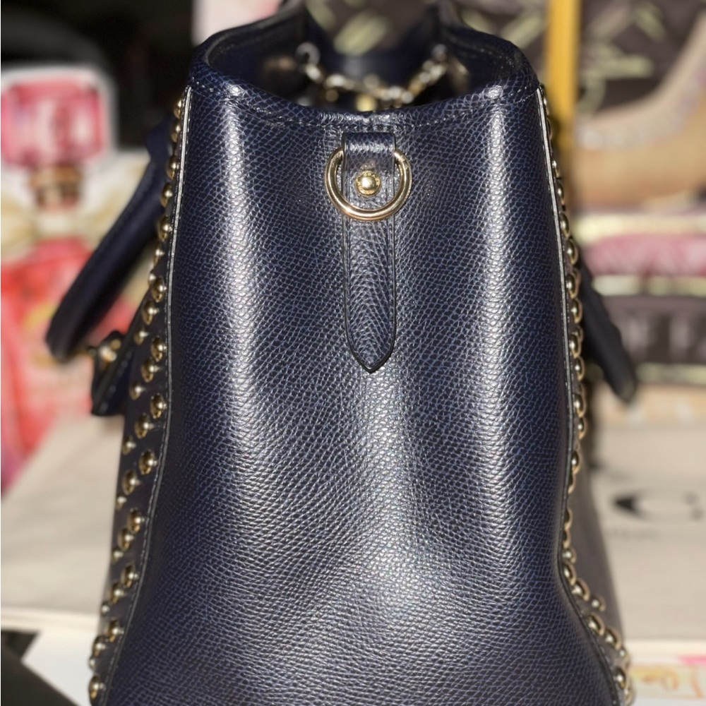 Coach Margot Carryall 27 Navy Blue Pebbled Leather Rivet Studded Tote - Picture 7 of 10